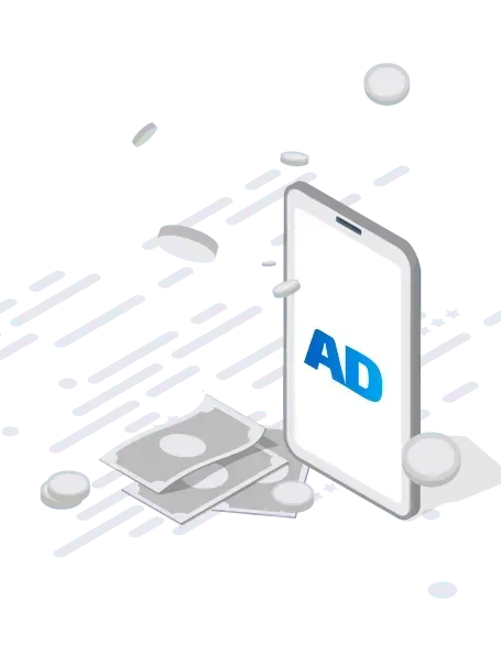 Eine isometrische Darstellung eines Mobiltelefons mit dem Wort „Anzeige“ auf dem Bildschirm.