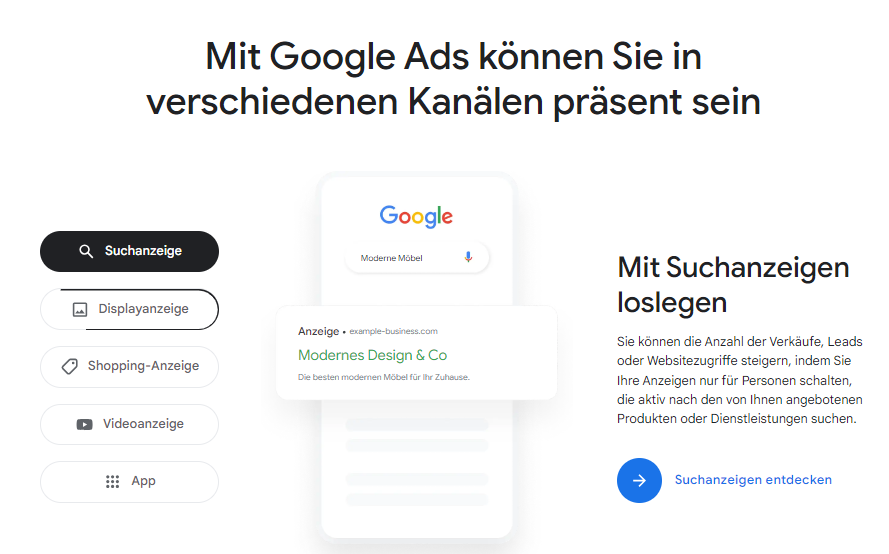 Ein Screenshot einer Google Ads-Seite auf Deutsch.