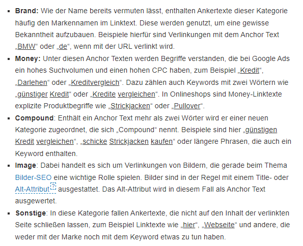 Übersicht über die verschiedenen Arten von Ankertexten
