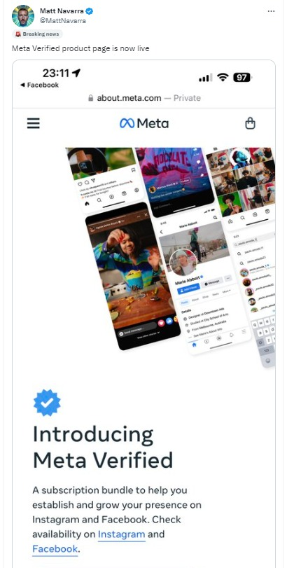 A screenshot of a twitter post about introducing meta verified.