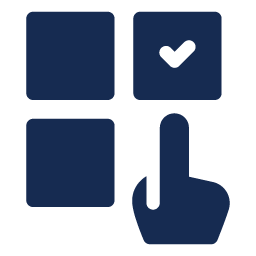 Dunkelblaue Hand wählt ein Quadrat aus, aus einer Gruppe von drei Quadraten.