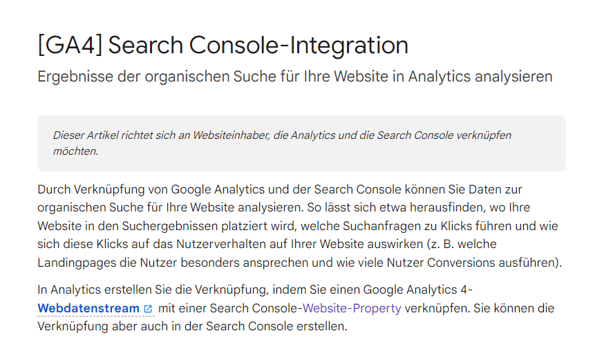 Eine Seite mit der Aufschrift „GA4 Search Console Integration“
