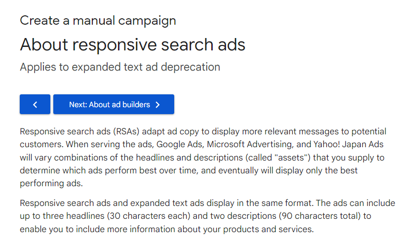 Eine Seite mit dem Hinweis, eine manuelle Kampagne für responsive Suchanzeigen zu erstellen