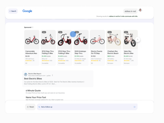 Auf einer Google-Suchseite ist eine Reihe von Fahrrädern aufgereiht.