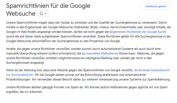Eine Seite mit weissem Hintergrund, bei der es sich um Spamrichtlinien handelt