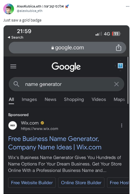Auf dem Telefonbildschirm wird eine Google-Suche nach einem kostenlosen Firmennamensgenerator angezeigt