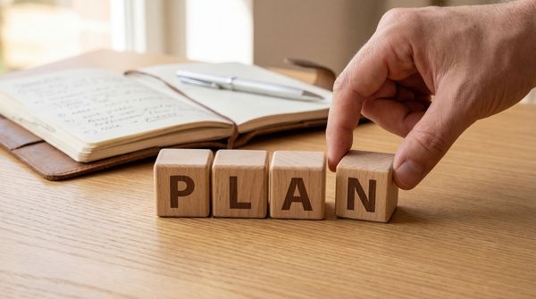 Eine Hand, die Holzklötze, die das Wort „PLAN“ bilden, auf einem Schreibtisch neben einem aufgeschlagenen Notizbuch ablegt.