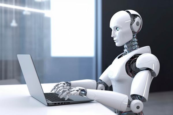 Ein humanoider Roboter, der in einem hellen, modernen Büro auf einem Laptop tippt.