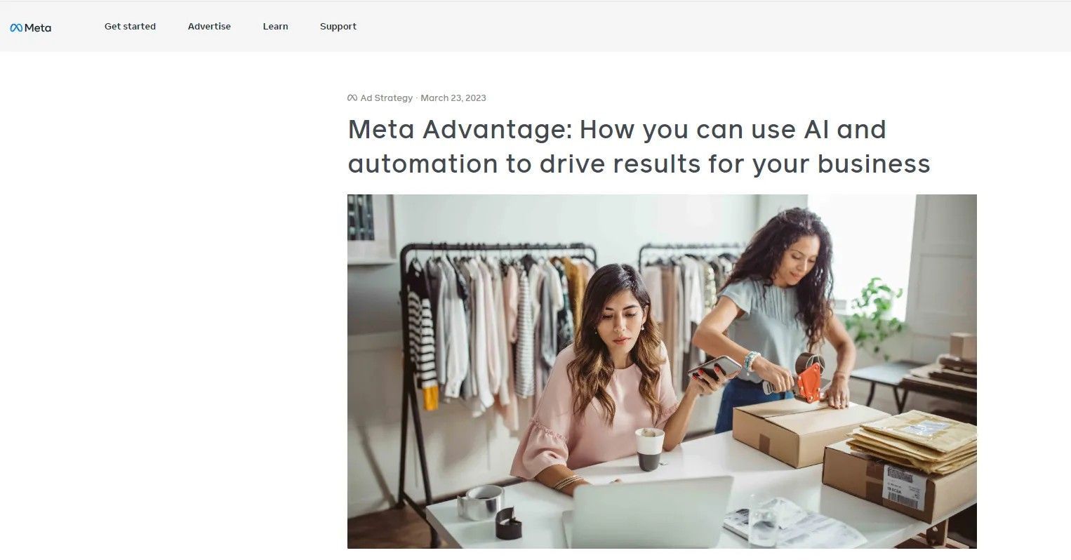 Bildschirmaufnahme eines Blogposts über Meta Advantage