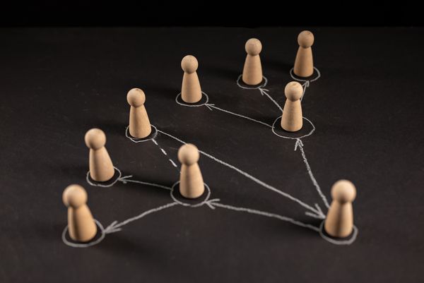 Holzfiguren, die durch weisse Pfeile auf dunklem Hintergrund miteinander verbunden sind und ein Netzwerk oder Teamverbindungen darstellen.
