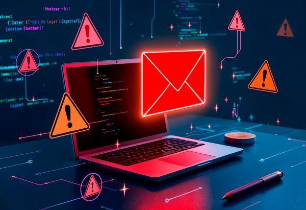 Laptop mit leuchtendem rotem E-Mail-Symbol und Warnsymbolen, was auf eine Phishing- oder Cybersicherheitswarnung hindeutet.