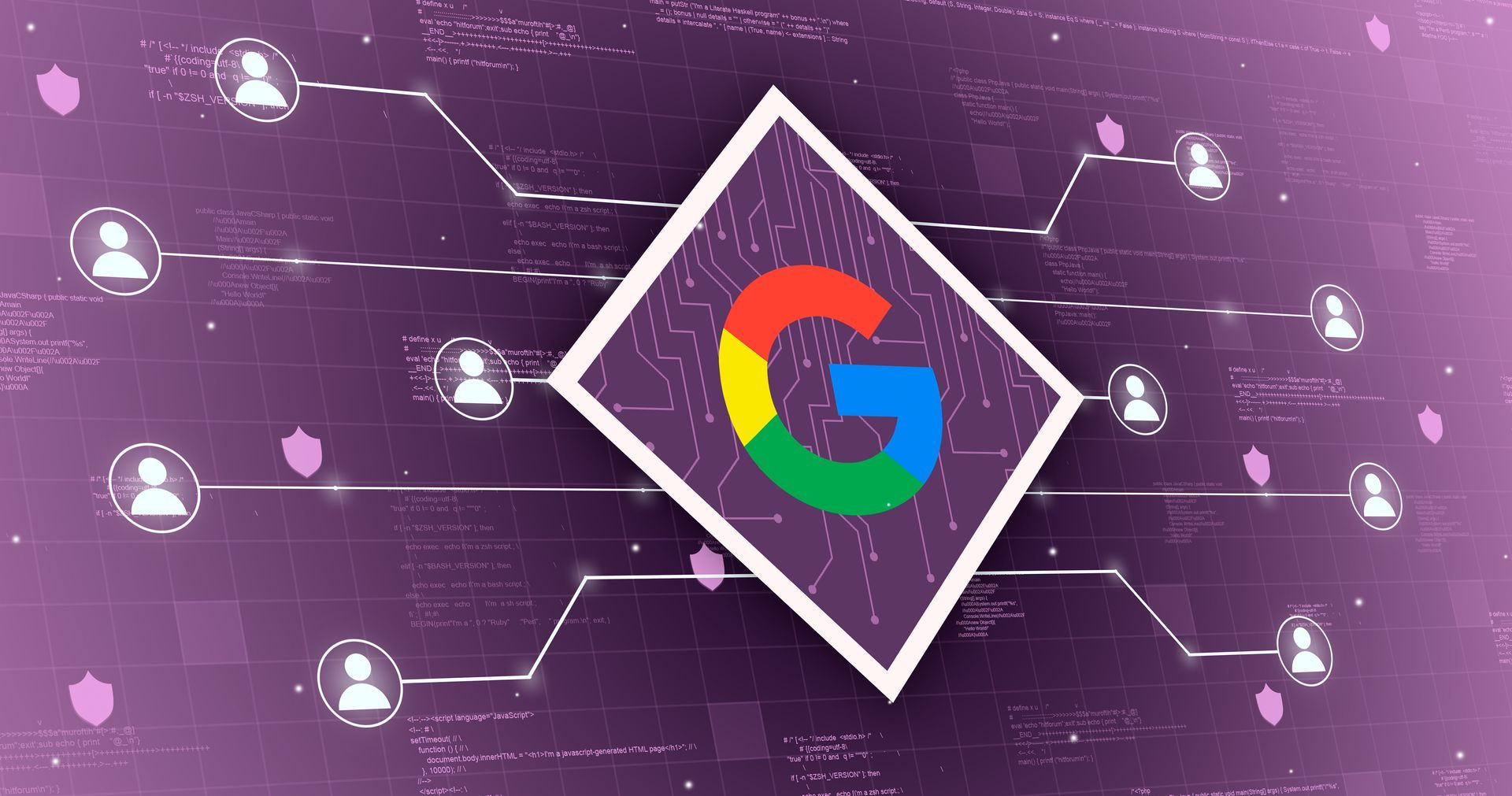 Ein Google-Logo in einem Quadrat auf einem lila Hintergrund, umgeben von Menschen.