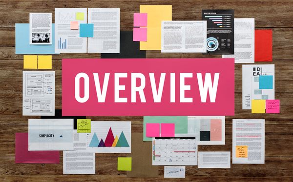 Eine Collage rund um das Wort „ÜBERBLICK“ auf einem rosa Banner, umgeben von Dokumenten, Diagrammen und Haftnotizen.