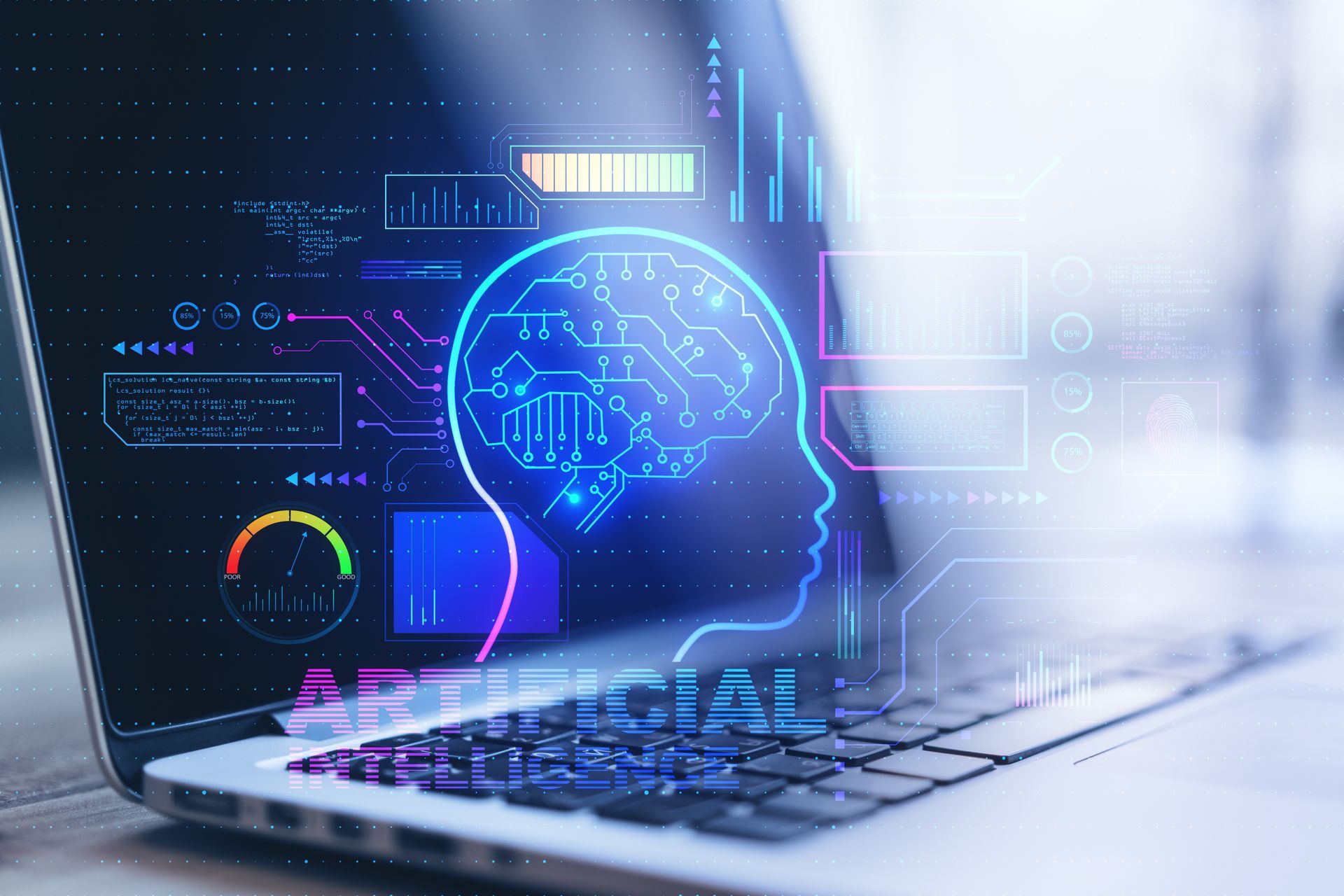 Laptop mit einer Grafik, die ein KI-Gehirn darstellt, das blau leuchtet und Schaltkreisdetails zeigt. Darunter steht der Text „Künstliche Intelligenz“.