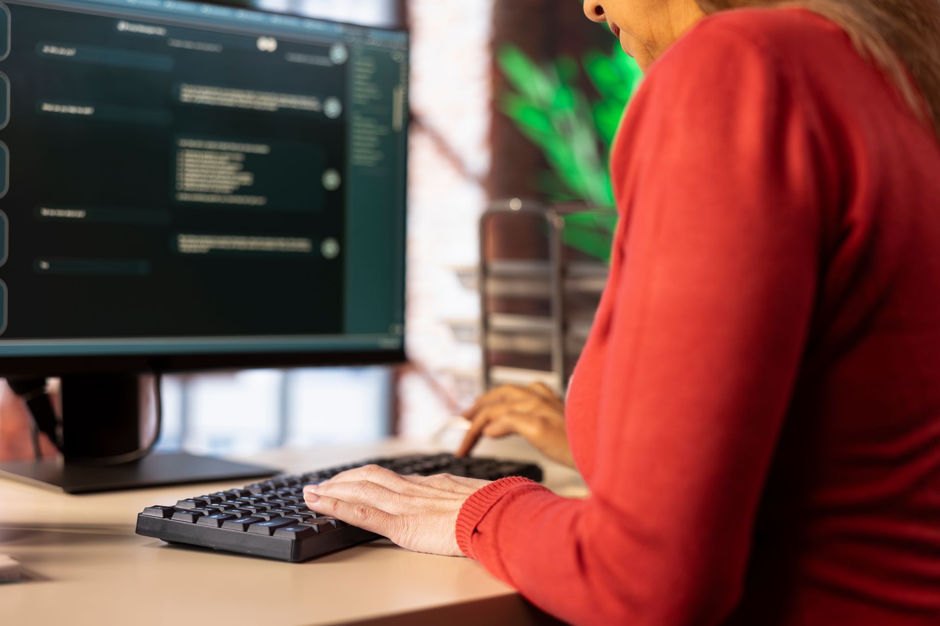 Eine Person, die an einem Schreibtisch an einem Computer mit einer Benutzeroberfläche mit dunklem Bildschirm tippt