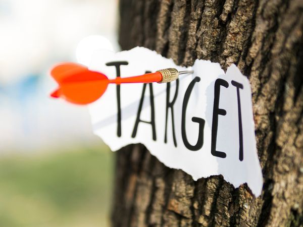 Ein orangefarbener Dart trifft eine Papierscheibe an einem Baumstamm.