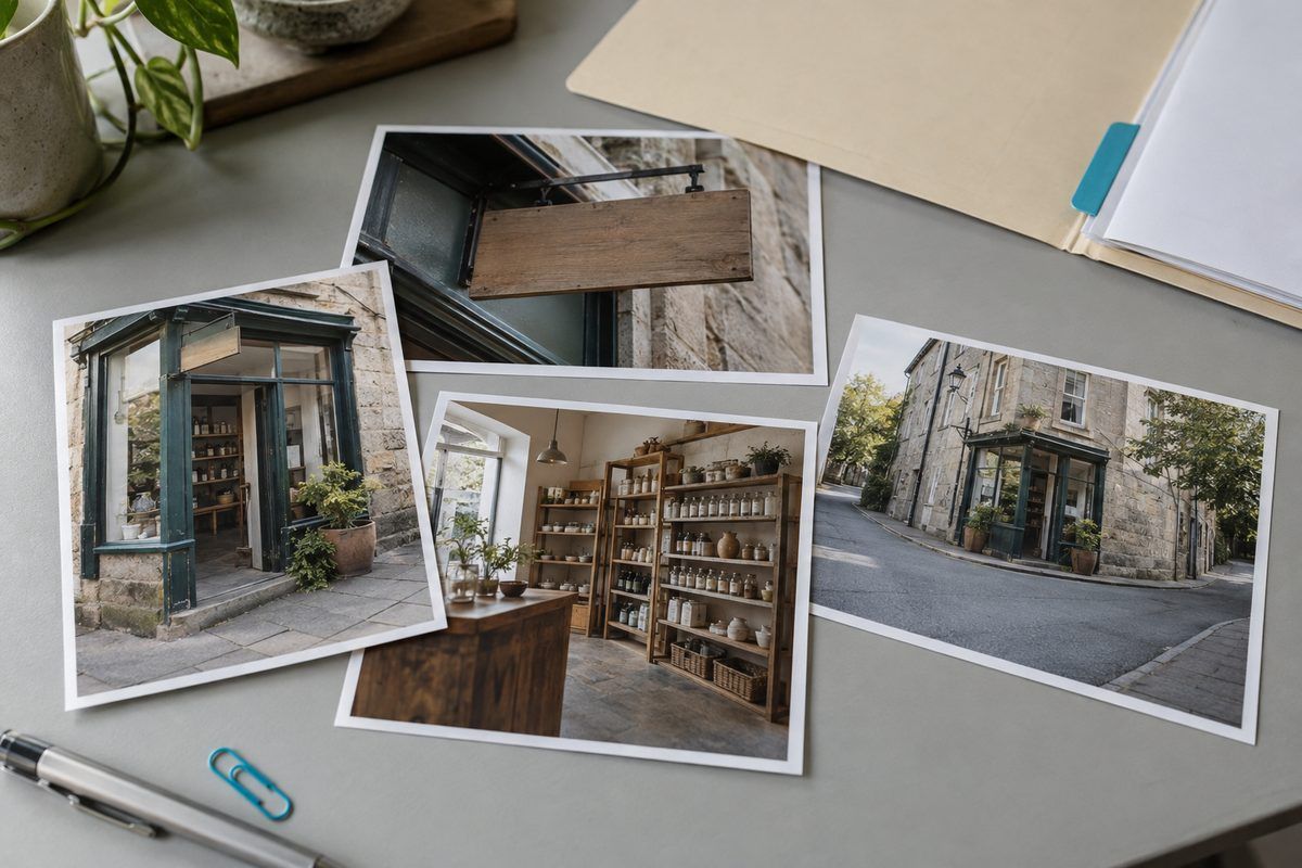 Ausgedruckte Fotos von Ladenschild, Eingang, Innenraum und Strassenecke liegen neben einem offenen Ordner