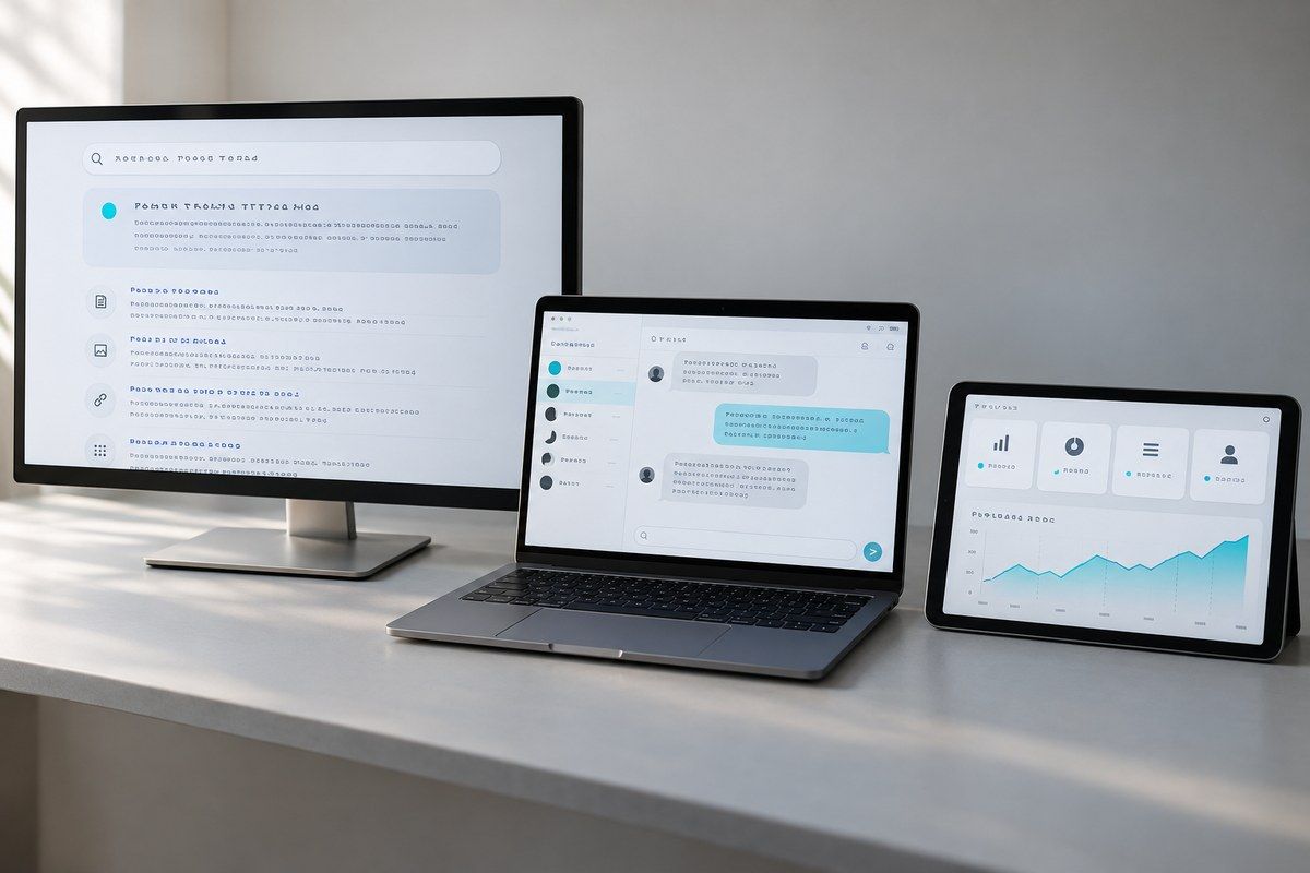 Drei Geräte nebeneinander zeigen eine Suchseite mit Zusammenfassung, einen Chat mit Fussnoten und ein Dashboard