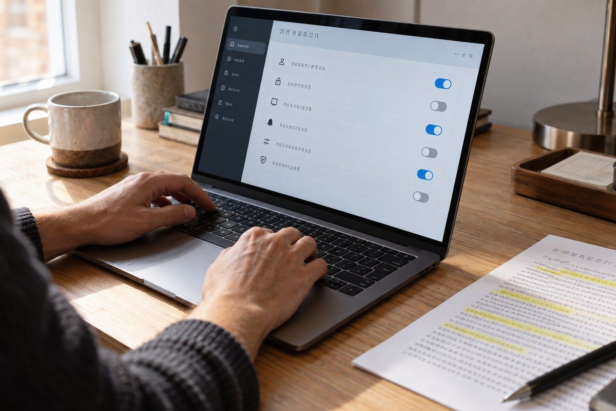 Hände am Laptop mit einer Einstellungsliste für KI-Crawler, daneben ein Blatt mit markierten Zeilen
