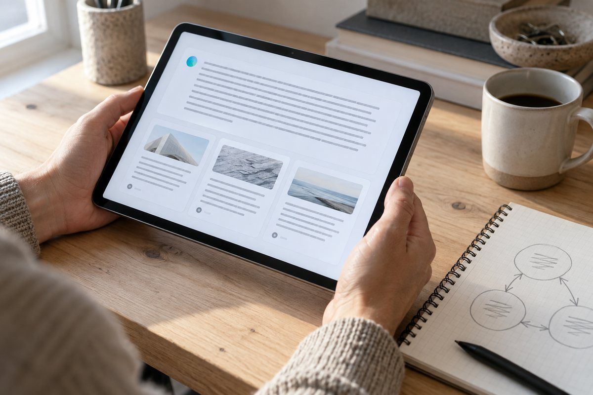 Hände halten ein Tablet mit einer generierten Antwort und drei Quellenkarten darunter