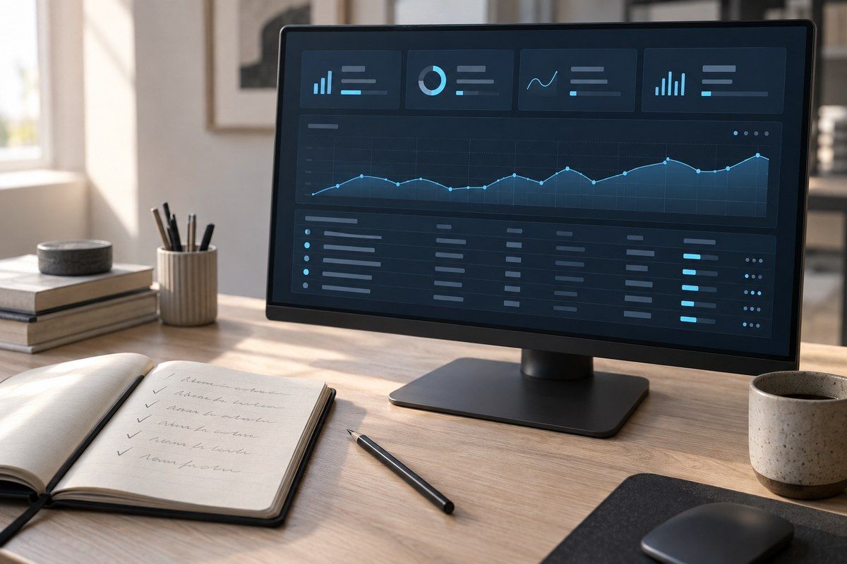 Ein Monitor zeigt ein Messdashboard mit Kacheln, Kurve und Tabelle, daneben ein Notizbuch mit abgehakter Liste