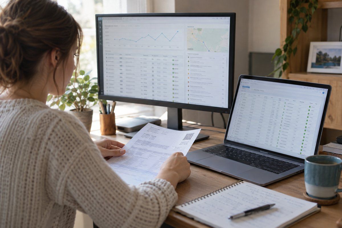 Eine Analystin vergleicht die erfassten Conversions am Bildschirm mit einem Bestellbeleg und dem Bestellsystem