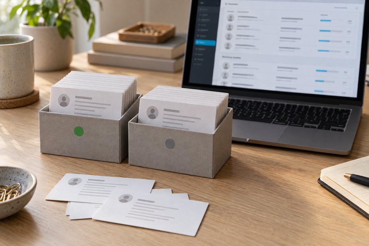 Zwei Karteiboxen trennen Kundenkarten nach Kauf und abgebrochenem Warenkorb, dahinter eine Zielgruppenübersicht