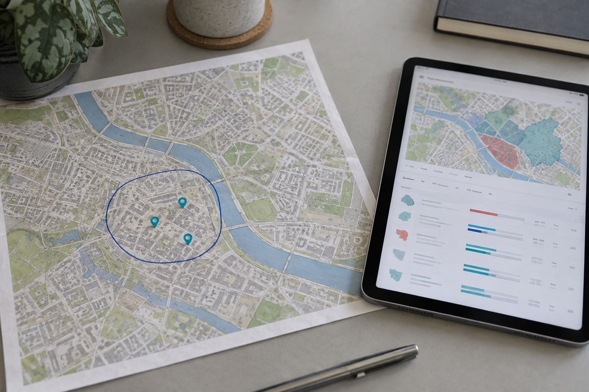 Stadtplan mit eingezeichnetem Einsatzgebiet und Markierungen, daneben ein Standortbericht auf dem Tablet