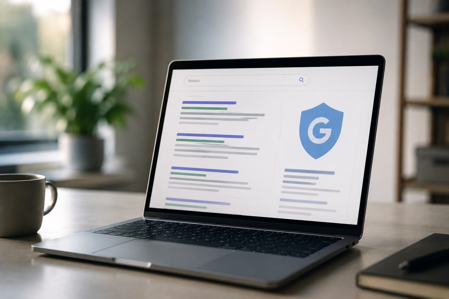 Ein Laptop auf einem Schreibtisch, auf dem eine Google-Sicherheitsseite angezeigt wird, in einer hellen Büroumgebung