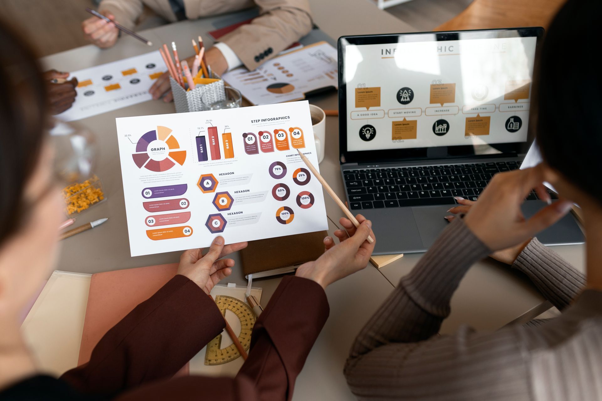 Personen in einer Besprechung, die Diagramme und Grafiken auf Papier und einem Laptop anschauen.