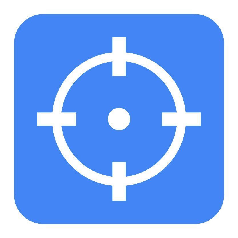 Ein weißes Zielsymbol in einem blauen Quadrat auf weißem Hintergrund.