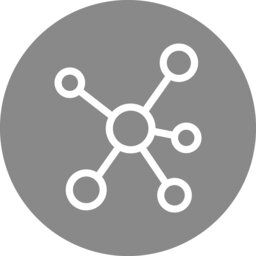 Ein weißes Symbol eines Moleküls in einem Kreis auf grauem Hintergrund.