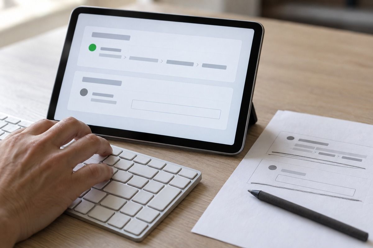 Eine Hand tippt an einer Tastatur vor einem aufgestellten Tablet: Auf dem Bildschirm steht die Abrufprüfung mit grünem Statusmarker über dem Indexstatus mit grauem Marker und leerem Eintragsfeld, daneben liegt ein Ausdruck mit zwei markierten Zeilen.