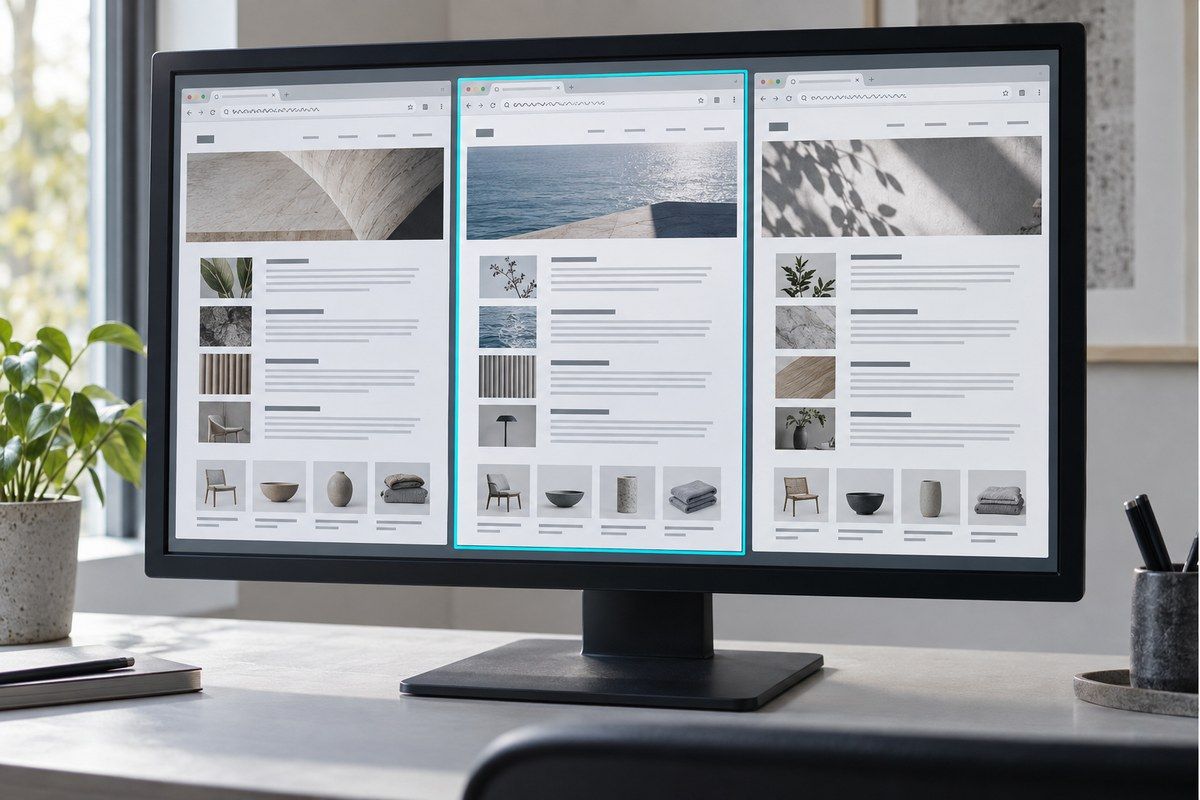 Ein Monitor zeigt drei nebeneinander geöffnete Browserfenster mit derselben Seitenstruktur und unterschiedlich langen Adresszeilen; genau das mittlere Fenster ist cyan umrahmt.