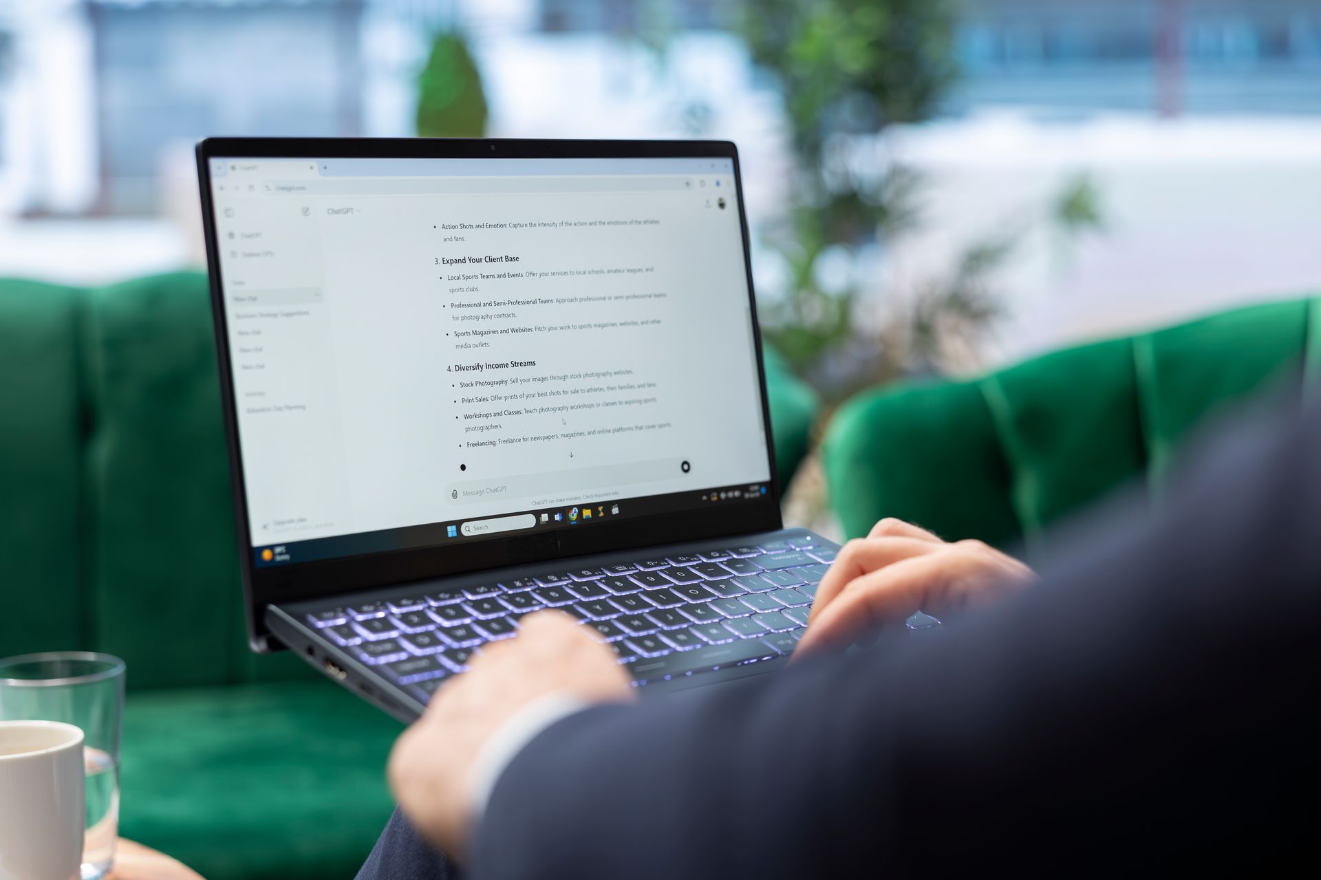 Eine Person, die im Freien auf einem Laptop tippt, während auf dem Bildschirm ein Dokument geöffnet ist.
