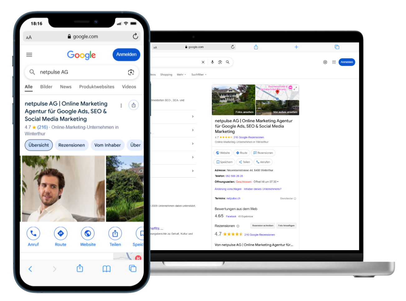 Smartphone und Laptop mit dem Google Business Profile der netpulse AG