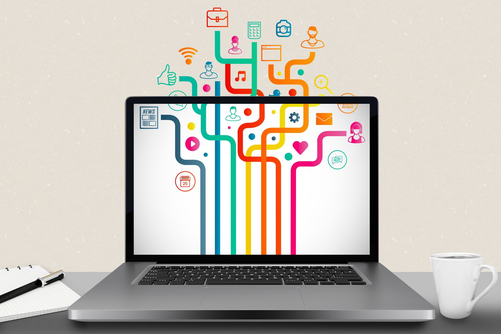 Ein Laptop auf einem Schreibtisch, dessen Bildschirm bunte, sich verzweigende Linien und digitale Symbole zeigt, die die Netzwerkverbindung symbolisieren.