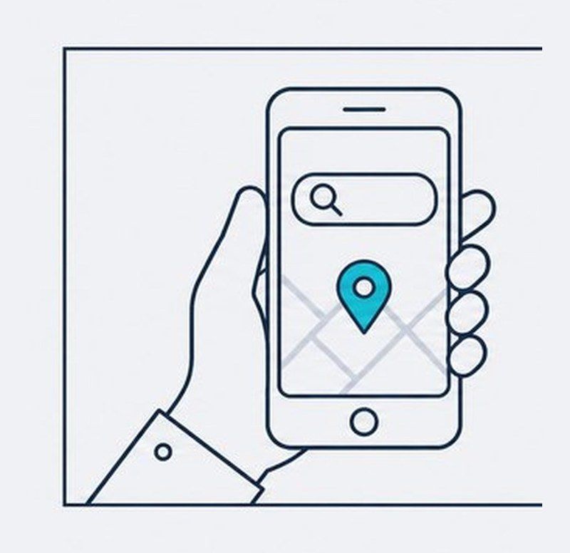Drei getrennte Felder: ein Smartphone mit Suchfeld und Ortsmarke, ein Unternehmenseintrag mit Ladensymbol, Ort, Uhr und Telefon, und ein Browserfenster mit einer Website (Teil 1 von 3: Suchabsicht)
