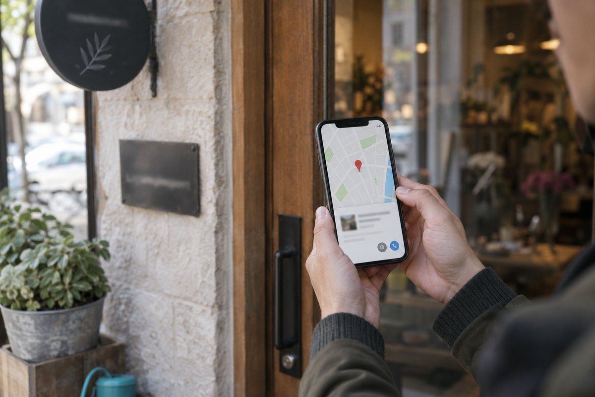 Eine Hand hält am Eingang eines Ladengeschäfts ein Smartphone mit Kartenansicht neben die Tür und gleicht den Standort mit dem Eingang ab