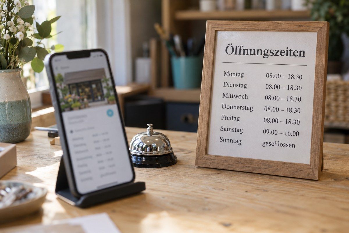 Ein Smartphone mit Öffnungszeiten steht in einem Ständer auf einer Ladentheke neben einem gerahmten Aushang mit denselben Besuchszeiten