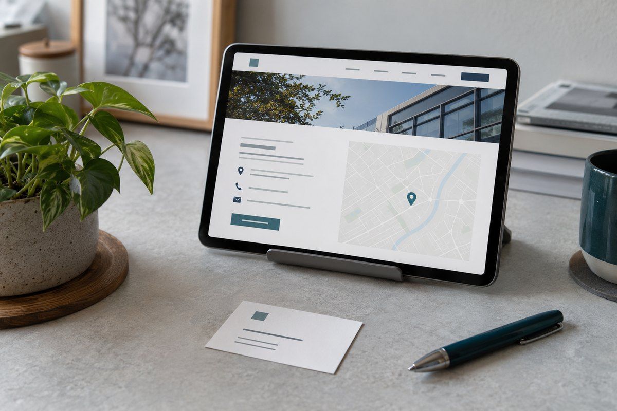 Ein Tablet zeigt die Kontaktseite einer Firmenwebsite mit Adresse und Kartenausschnitt, davor liegt eine Visitenkarte