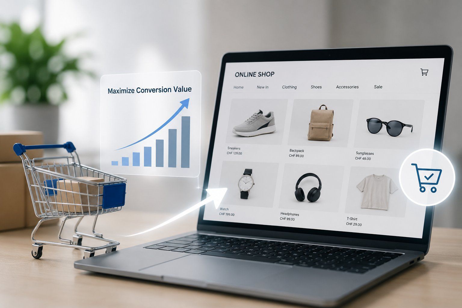 Laptop auf einem Schreibtisch, auf dessen Bildschirm ein Online-Shop mit Produkten, einem Warenkorb und einem Diagramm mit steigenden Verkaufszahlen zu sehen ist