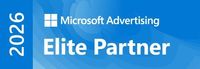 Microsoft Advertising Elite Partner 2026 Logo auf blauem Hintergrund.