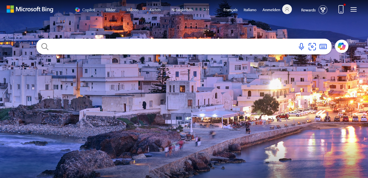 Ein Screenshot einer Website mit einem Bild einer Stadt und einer Suchleiste.