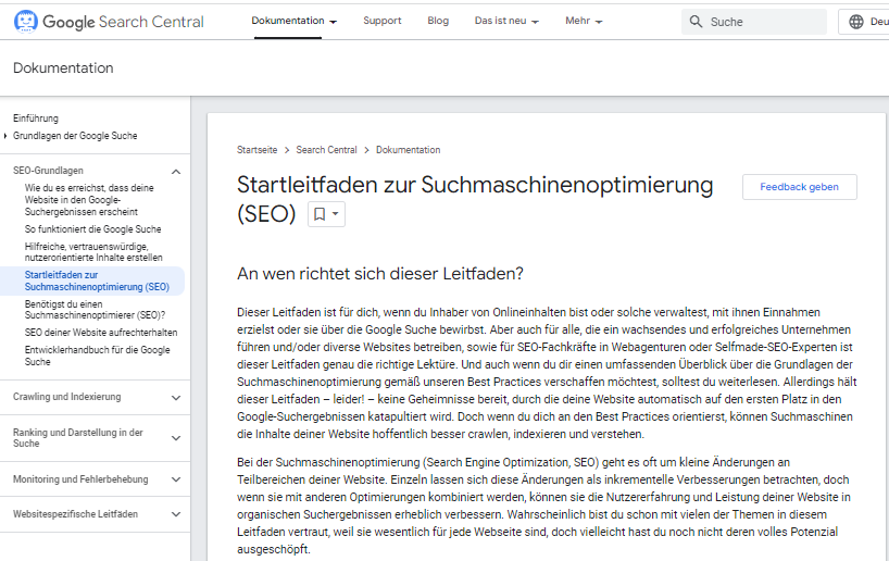 Google Search Central-Dokumentationsseite, deutsche Sprache, SEO-Leitfaden.