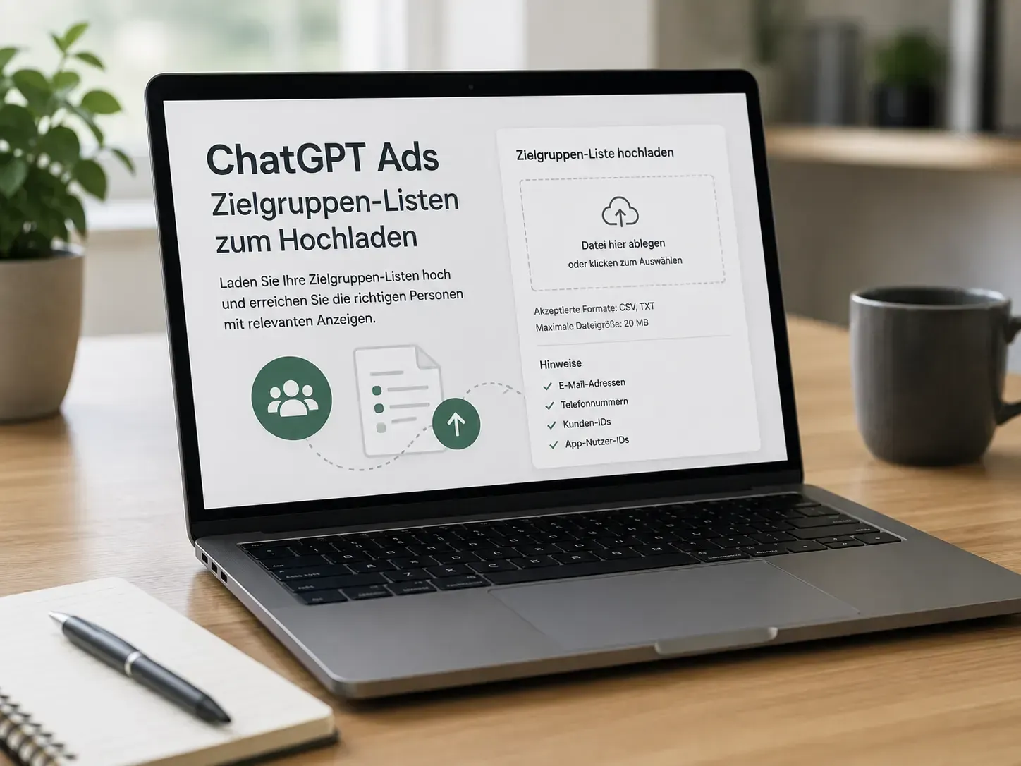 Laptop, auf dem eine ChatGPT-Werbe-Landingpage zu sehen ist, auf einem Schreibtisch mit einem Stift und einer Kaffeetasse