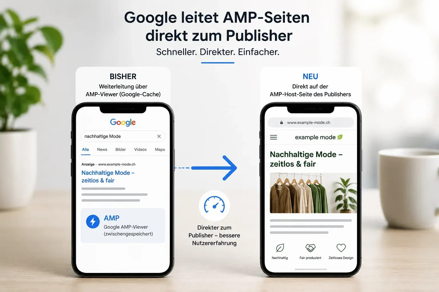 Anzeige, die einen AMP-to-Publish-Workflow mit zwei Smartphone-Bildschirmen und blauen Pfeilen zeigt