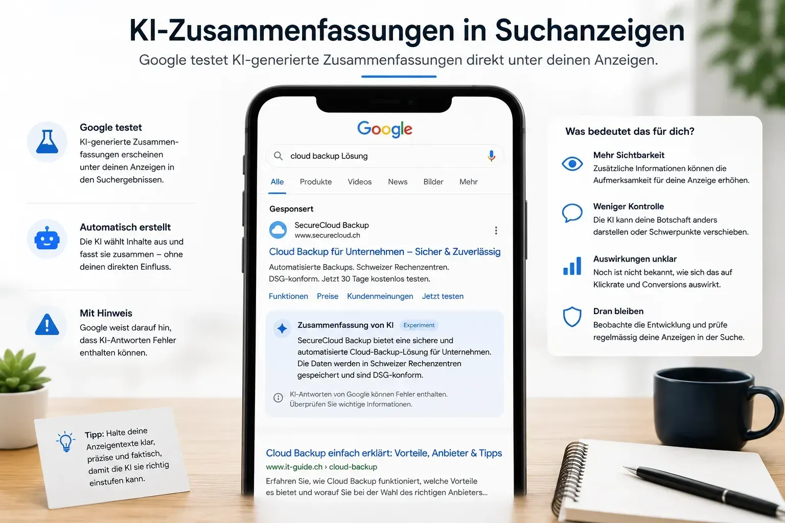 Ein Tablet auf einem Schreibtisch, auf dem ein Google-Suchergebnis mit der deutschen Überschrift „KI-Zusammenfassungen in den Suchergebnissen“ und KI-Symbolen angezeigt wird