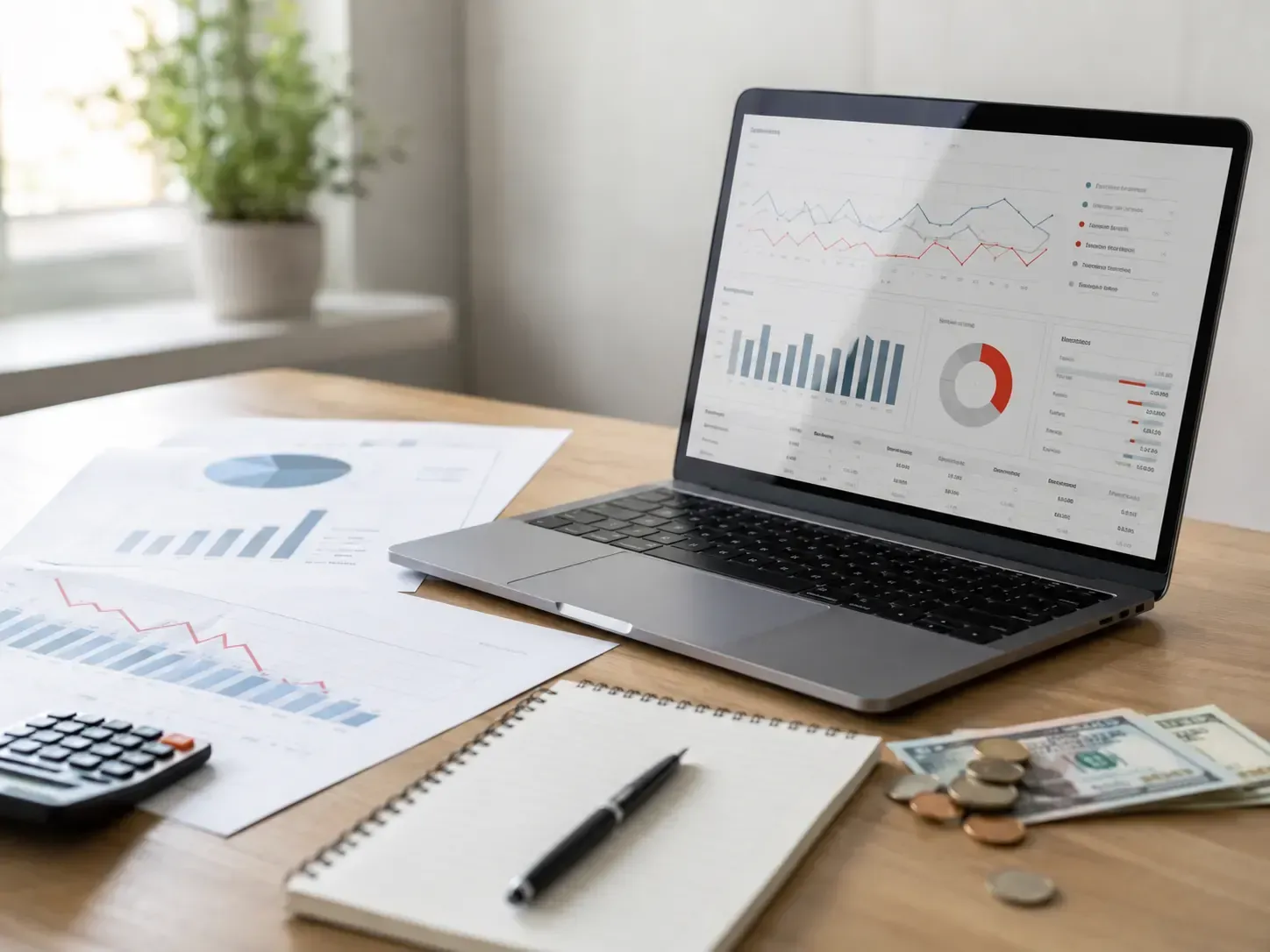 Laptop, auf dem Diagramme angezeigt werden, auf einem Schreibtisch mit Finanzunterlagen, Taschenrechner, Notizbuch, Stift und Bargeld
