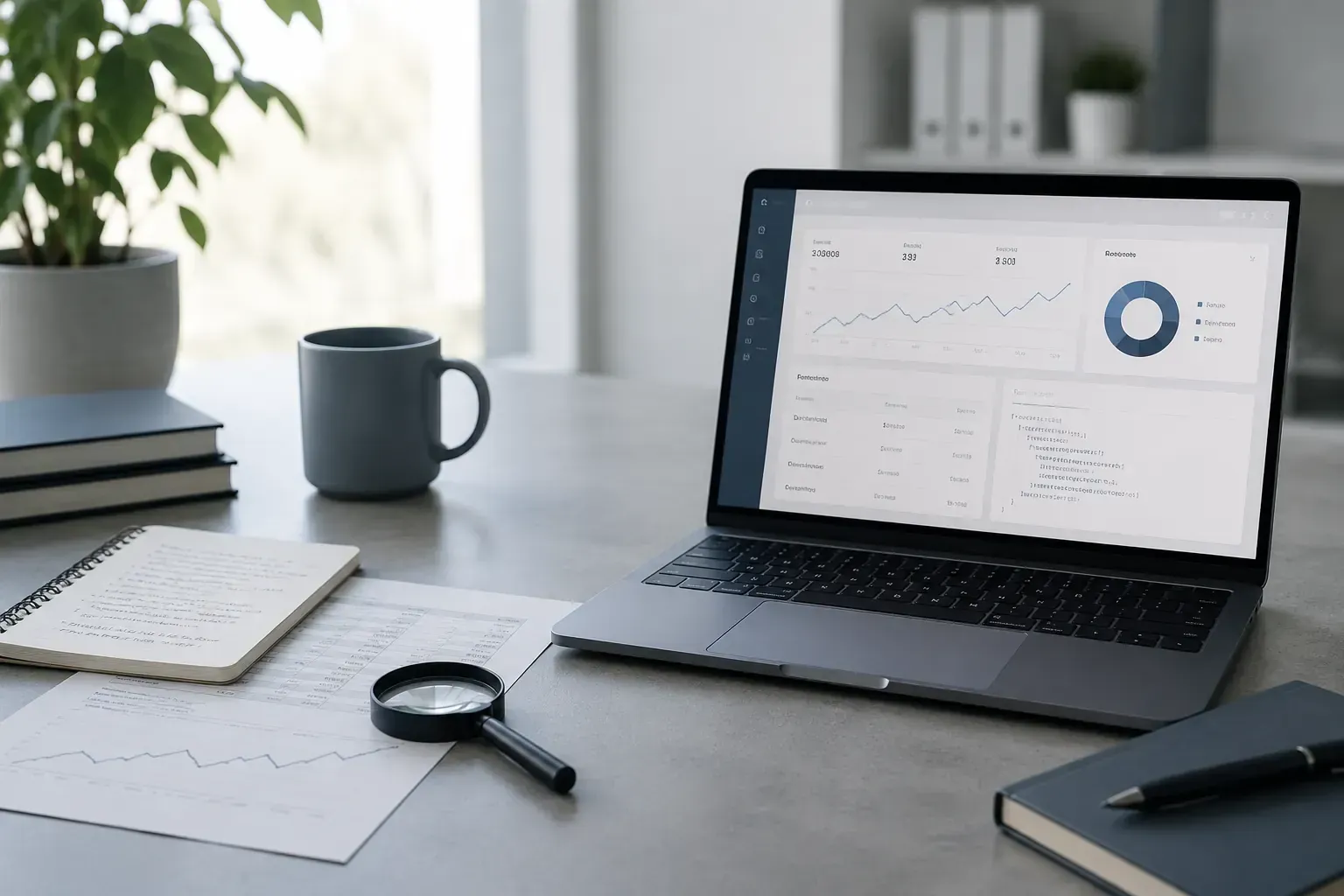 Schreibtisch mit Laptop, auf dem Analysedaten angezeigt werden, Notizbuch, Tasse, Lupe und Pflanze neben einem hellen Fenster